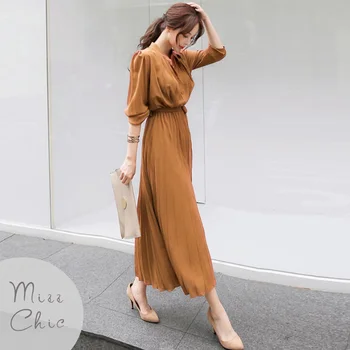 אלגנטי שיפון שרוול ארוך שמלת החולצה נשים חגורת תחרה קו A-מקסי קפלים שמלה קוריאנית אופנה 2023 ליפול בגדים אופנת רחוב