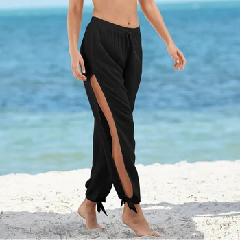 הקיץ מוצק מקרית חופשי אלסטי המותניים מכנסיים Pantalon היפי הרמון רחב הרגל מכנסיים באורך מלא חרך מכנסיים נשים S-3XL