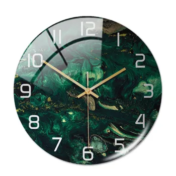 אקריליק ירוק כהה דפוס השיש קיר דבק השעון מתכת מחט שקט השעון מנגנון מודרני בסלון קישוט הבית