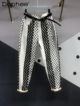 Harajuku פולקה דוט הדפסה צביעה מכנסי ג 'ינס נשים 2023 אביב אופנה חדשה כל-התאמה רופף הרזיה סקיני ג' ינס מכנסיים Haren