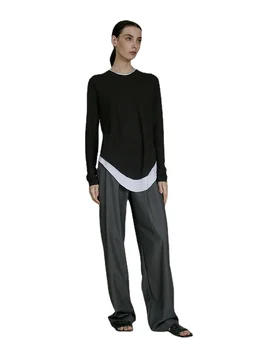 אפור כהה, מכנסי חליפה לנשים האביב בדרגה גבוהה מזדמנים מכנסיים גבוהה המותניים הרזיה צניחת מכנסיים רחבות