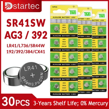 DStartec 30PCS AG3 מטבע סוללות LR41 392 192 לחצן תא מטבע אלקליין סוללות 1.55 V SR41SW L736 CX41 עבור לצפות צעצועים לא כספית
