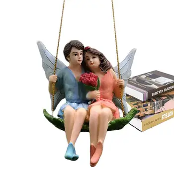 יצירתי, רומנטי זוג פסלונים סווינג פרח פיות הגינה נוף תליון שרף מלאכה יצירתי הסצנה מרפסת עץ
