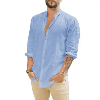 גברים חולצה 2021 מוצק צבע כפתורים סתיו לעמוד צווארון שרוול ארוך כל התאמה חולצה למסיבה