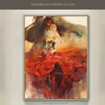 סיטונאי צבוע ביד רקדנית ספרדית מודרנית בחורה יפה הדמות ציור קיר הרושם שמלה אדומה ציור שמן על בד