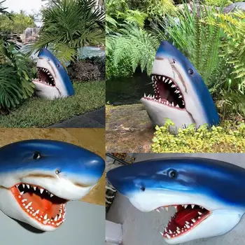 כריש פיסול 3D לסתות דמויות סיליקון חיצוני דקורטיבי מלאכת אמנות על פתח חצר פטיו מרפסת דשא בחצר האחורית