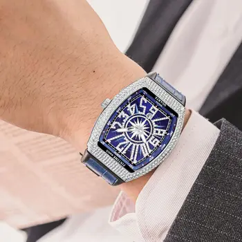 PINTIME חמה למכירה גברים אופנה שעון יוקרה יהלומים קר בחוץ עמיד למים קוורץ שעון יד סיליקון כחול מסיבת הלבוש שעונים