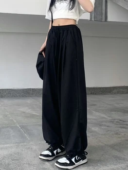 HOUZHOU מזדמנים נשים שחורות מכנסי טרנינג אפור רצים בסיסי רחב הרגל מכנסיים אופנה קוריאנית באגי גבוהה וושינגטוןasia. kgm נקבה מכנסיים