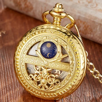 יד רוח-מכאני שעון כיס משובח חלול ירח כחול כוכב Steampunk שלד השעון רומיות שעון עם שרשרת Fob