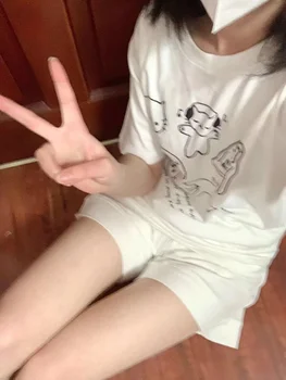 יפנית Kawaii Slim Fit חתול להדפיס חולצה קיץ E-בחורה משוחררת שרוול קצר חולצת טריקו Y2k גראנג ' O-צוואר לבן חולצות נשים