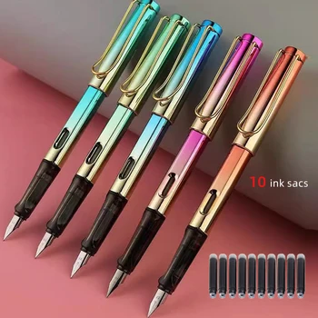 עט + 10 שקי דיו הדרגתית צבע זהב שינוי צבעוניים, עטים יציבה תיקון 0.38 מ 