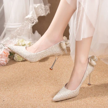 נוצץ נצנצים חתונה משאבות נעליים עבור נשים אלגנטי פרל Bowknot עקבים גבוהים מסיבת נעלי אישה מחודדות העקב פגיון בוהן משאבות