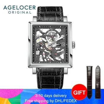 AGELOCER ספיר הולו חריטת שלד מכני שעון גברים מותג יוקרה עיצוב מקורי עור שחור מרובע ארן Horloge