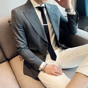 2023 מוצק צבע של גברים פסים מקרית ג 'נטלמן עסקים אחת עם חזה ארוך שרוולים ז' קט חליפה לחתונה ביצועים ' קט