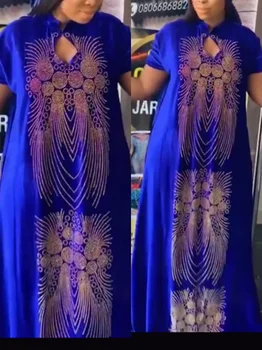 חדש אפריקאי עיצוב Bazin מקל ארוך יהלום שרוול קצר צווארון גבוה דאשיקי על הגברת אפריקה להדפיס שמלות