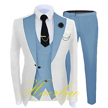 שמיים כחולים החליפה של הגברים טוקסידו לחתונה 3 חתיכה להגדיר את החתן הכי טוב גבר מעיל אפוד מכנסיים רשמית המסיבה מותאם בגדים