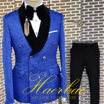 כחול רויאל גברים חליפה לחתונה פרחוני ' קט מכנסיים סט של 2 כפול עם חזה בלייזר עבור זכר רשמית בגדי המסיבה