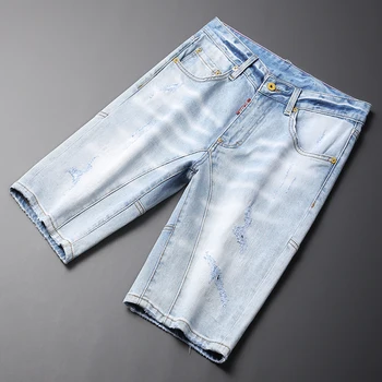 קיץ אופנתי אופנה גברים ג 'ינס רטרו כחול בהיר משולבים מעצב אלסטי קרע קצר ג 'ינס וינטג' מזדמן מכנסי ג ' ינס קצרים גברים