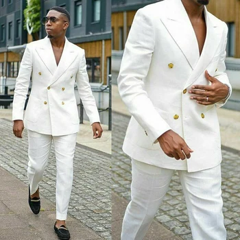 כפול עם חזה לבן חליפות גברים חתן חתונה חליפות לשיא דש 2 חתיכה Slim Fit זכר להגדיר את הז ' קט עם מכנסיים אופנה חדש